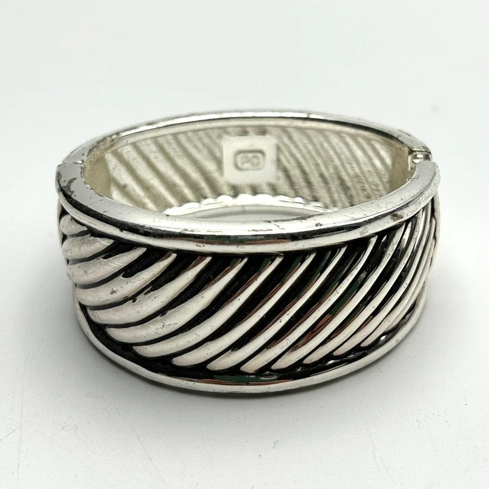 Vintage Premier Designs Chunky Hinged Clamper‎ Bracelet Silver Tone Signed PD